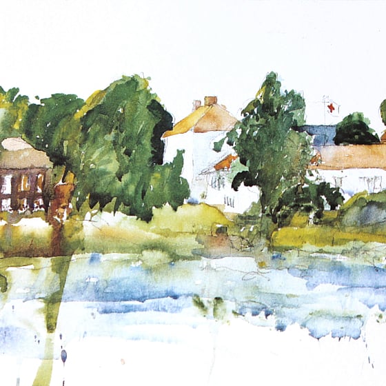 Bild av ett vykort. En akvarellmålning föreställande Röda Korsets folkhögskola med kursgård i Mariefred.