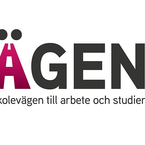 Logo för Vägen-projektet. Vägen skrivet i stora svarta bokstäver förutom äet som är lila och ritat som en väg framåt