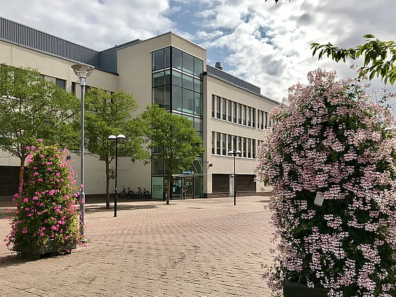 Skolbyggnaden utifrån. En vit, rappad byggnad i fyra våningar med ett torg framför. På torget finns blommande buskar