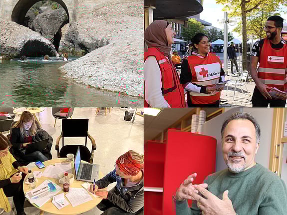 Bilder på deltagare på de olika distanskurserna på Röda Korsets folkhögskola. Några badar i en sjö i Europa, några är ute på ett torg i röda västar och berättar om krisberedskap, några jobbar med ett grupparbete på skolan.
