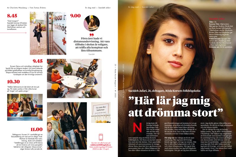 Reportage om en deltagare på Röda Korsets folkhögskola. Urklipp från Röda Korsets magasin.