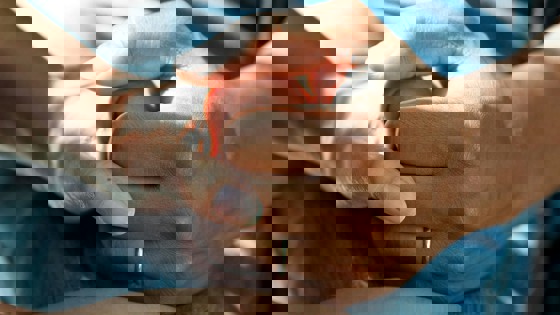 Händer som håller i varandra. Omvårdnad.