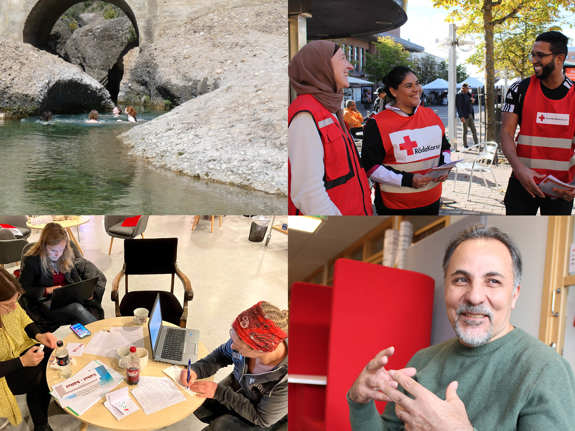 Bilder på deltagare på de olika distanskurserna på Röda Korsets folkhögskola. Några badar i en sjö i Europa, några är ute på ett torg i röda västar och berättar om krisberedskap, några jobbar med ett grupparbete på skolan.